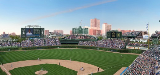 A rendering of the recently-approved outfield signs, seven in all. (Credit: Chicgao Cubs)